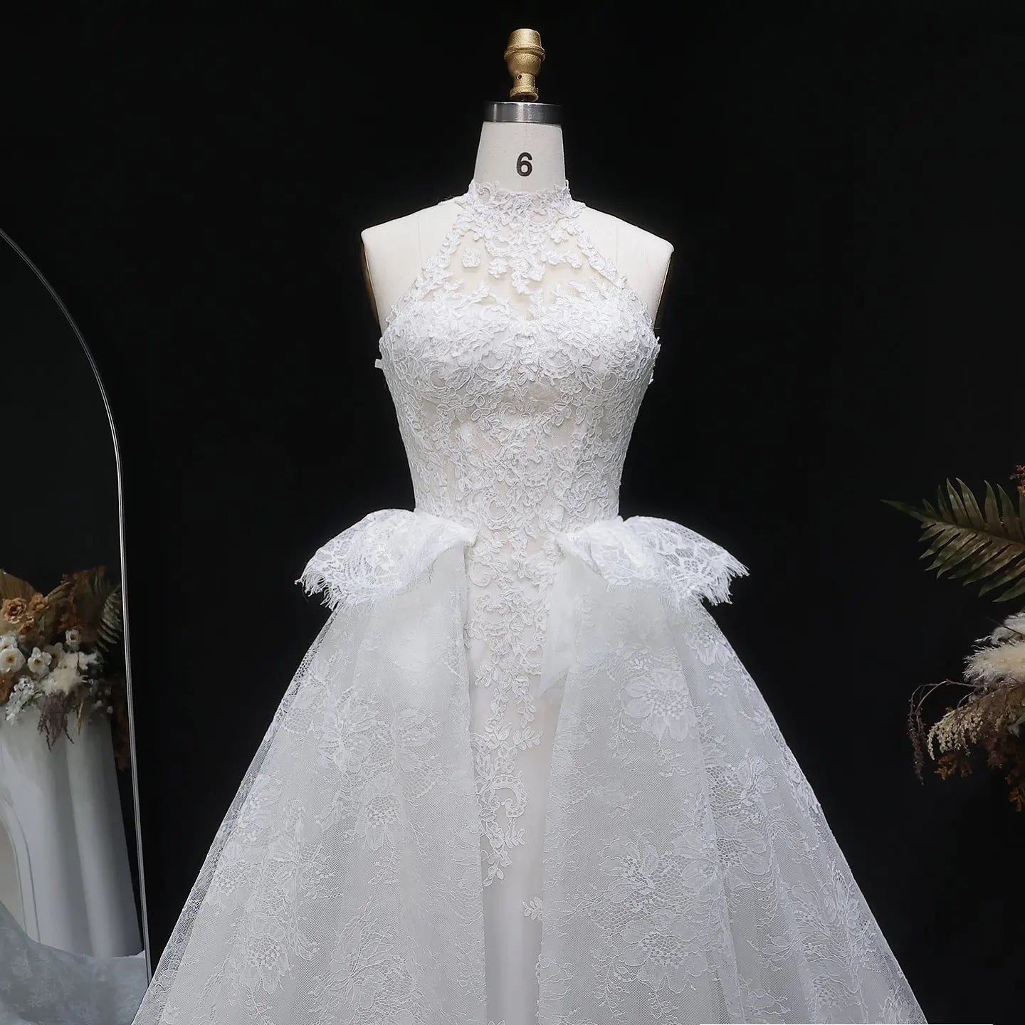 Luxury White A-Line Wedding Dress with Lace Embroidery and Overskirt SW651