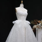 Luxury White A-Line Wedding Dress with Lace Embroidery and Overskirt SW651