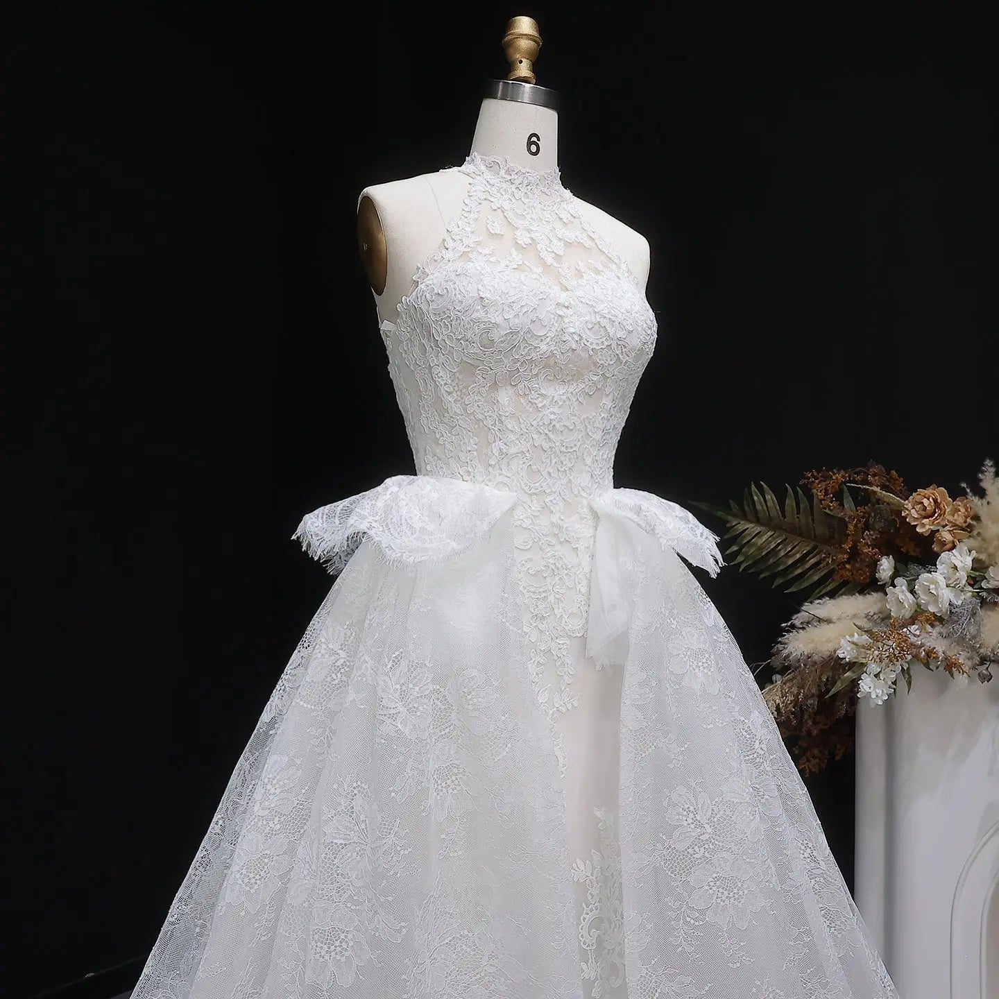 Luxury White A-Line Wedding Dress with Lace Embroidery and Overskirt SW651