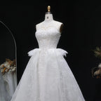 Luxury White A-Line Wedding Dress with Lace Embroidery and Overskirt SW651