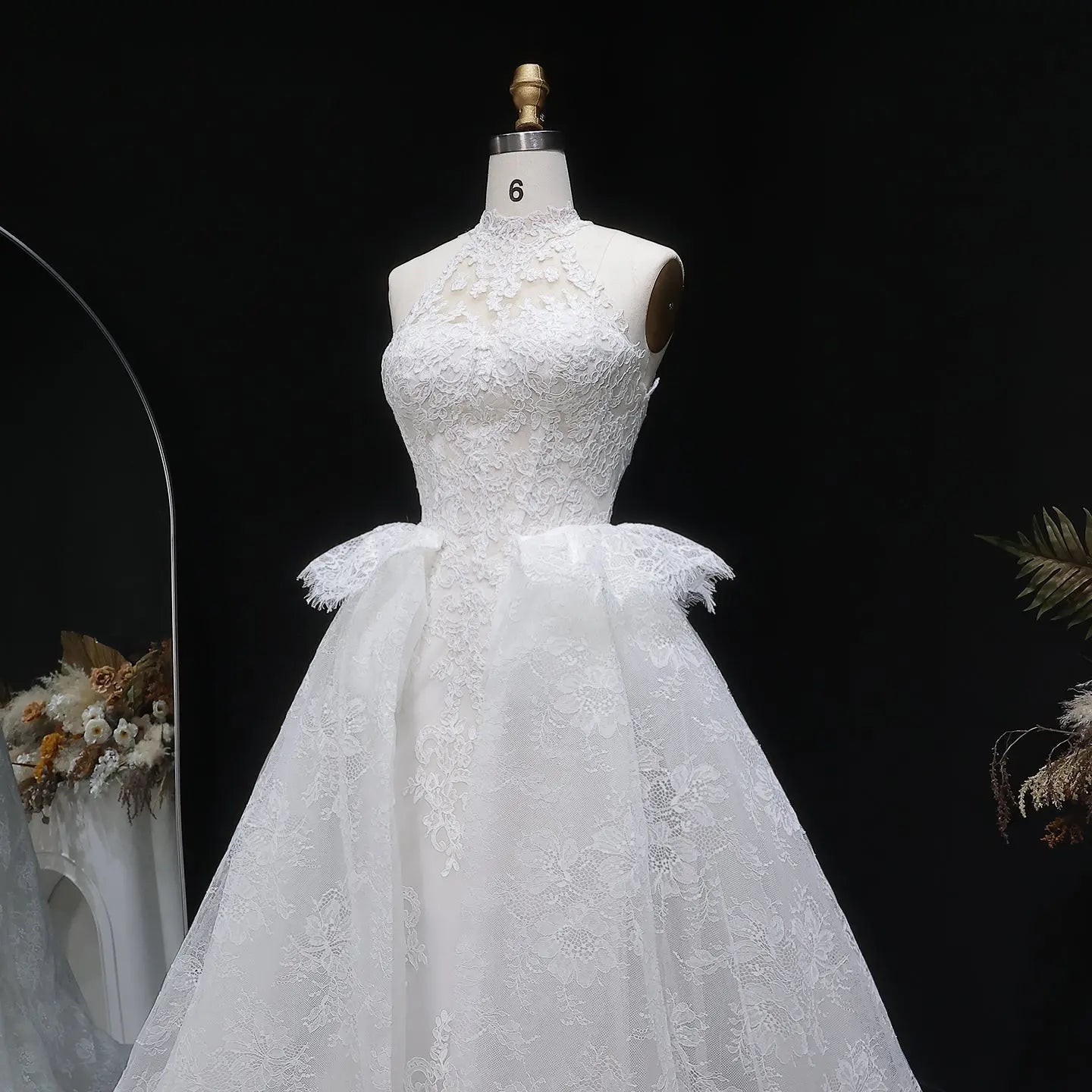 Luxury White A-Line Wedding Dress with Lace Embroidery and Overskirt SW651