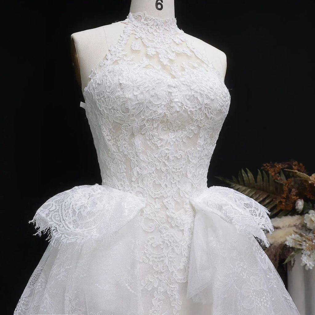 Luxury White A-Line Wedding Dress with Lace Embroidery and Overskirt SW651