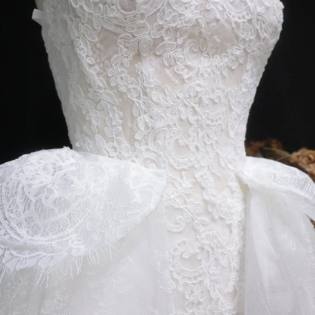 Luxury White A-Line Wedding Dress with Lace Embroidery and Overskirt SW651