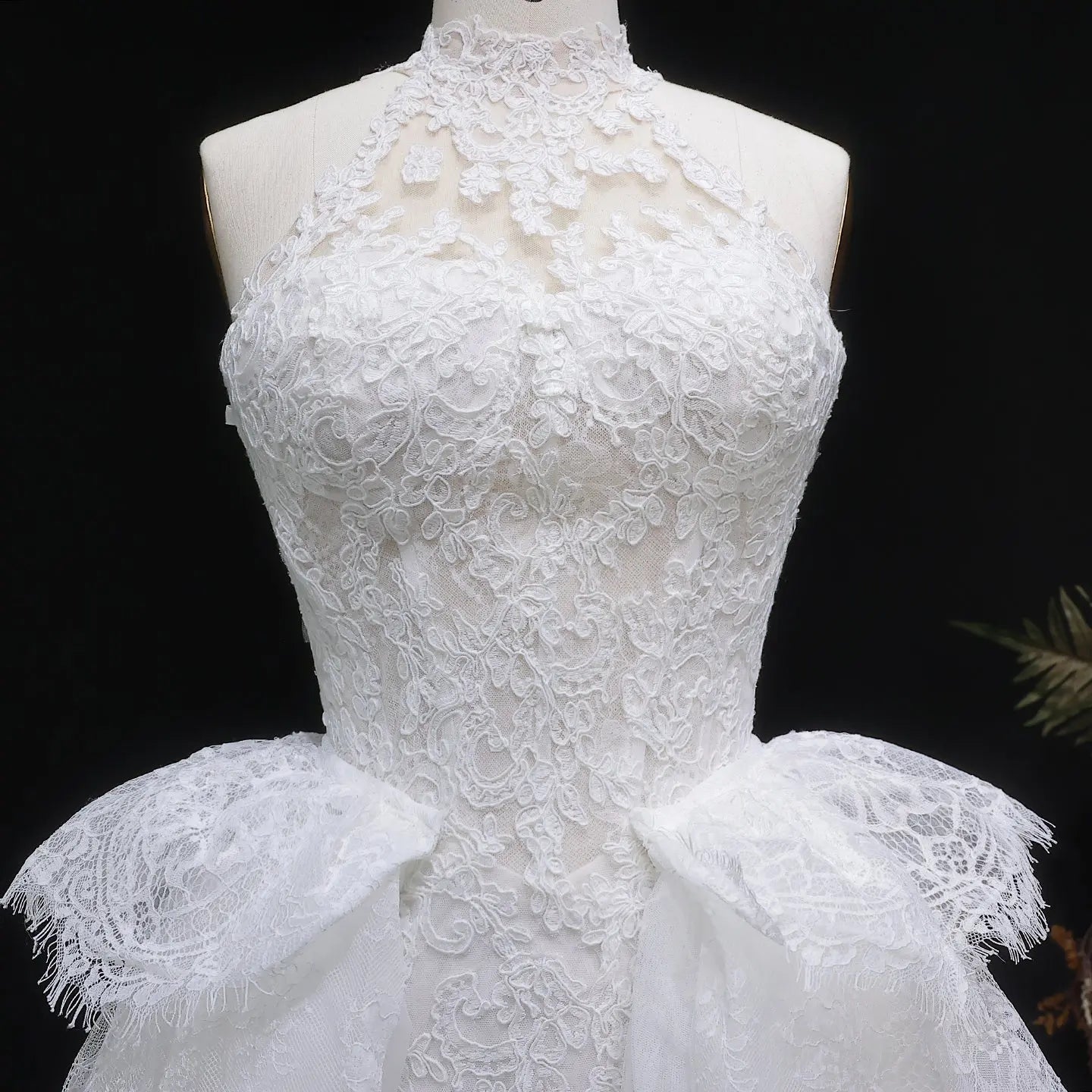 Luxury White A-Line Wedding Dress with Lace Embroidery and Overskirt SW651