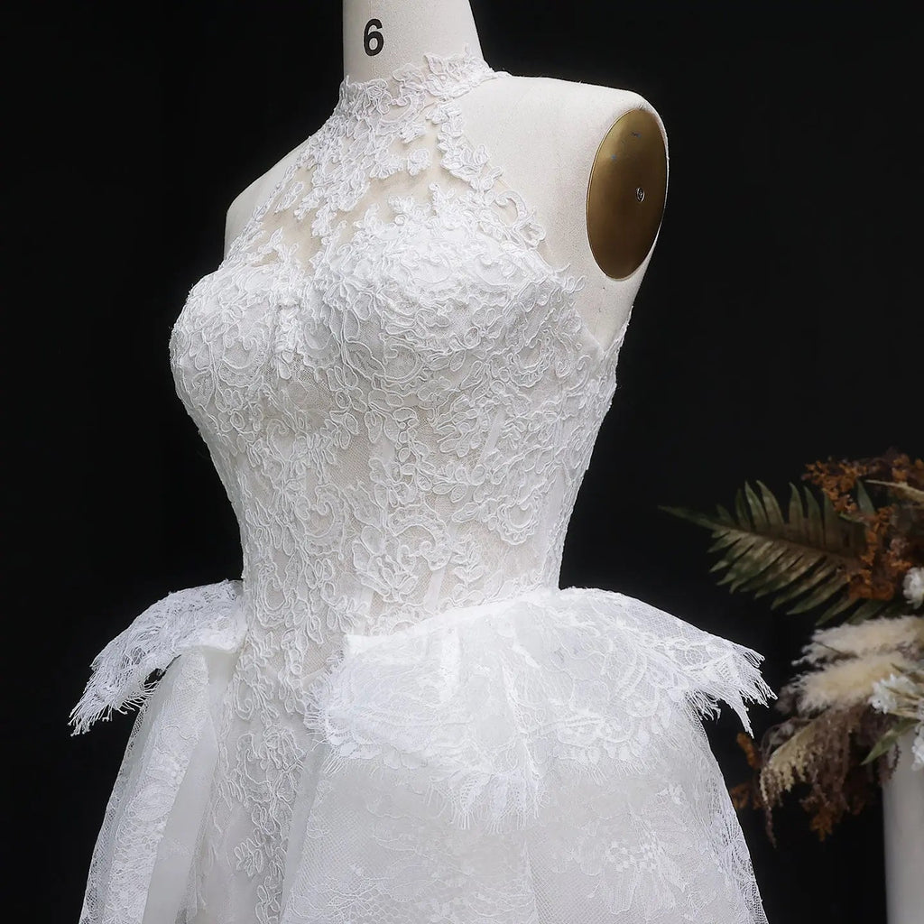 Luxury White A-Line Wedding Dress with Lace Embroidery and Overskirt SW651