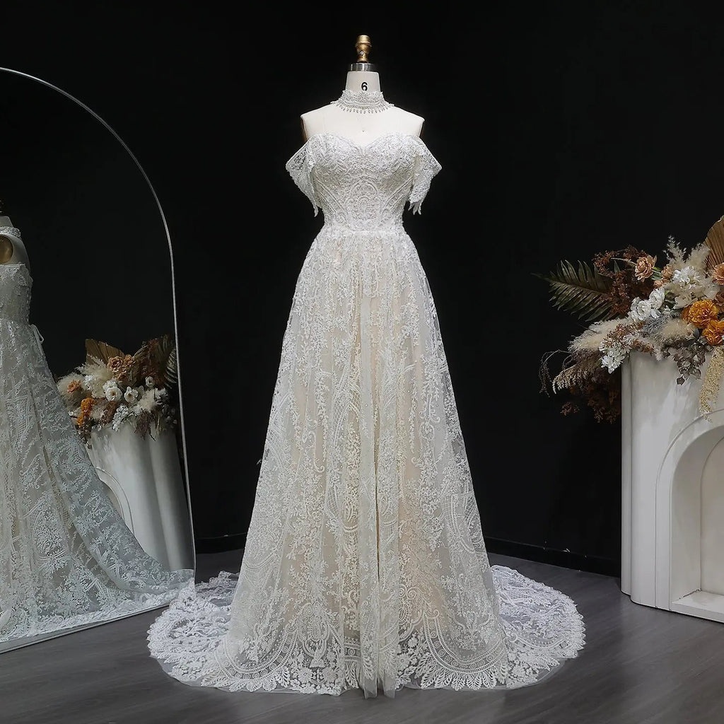 Off White Elegant Lace Pearl Embroidery Ball Gown Wedding Dress SW652