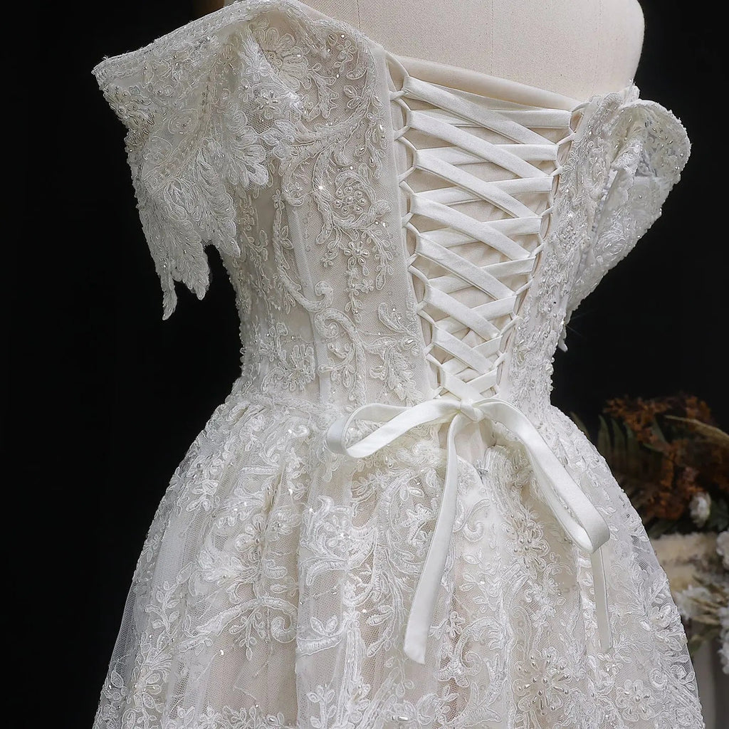 Off White Elegant Lace Pearl Embroidery Ball Gown Wedding Dress SW652