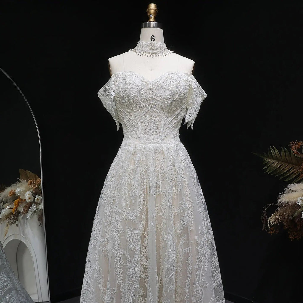 Off White Elegant Lace Pearl Embroidery Ball Gown Wedding Dress SW652