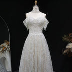 Off White Elegant Lace Pearl Embroidery Ball Gown Wedding Dress SW652