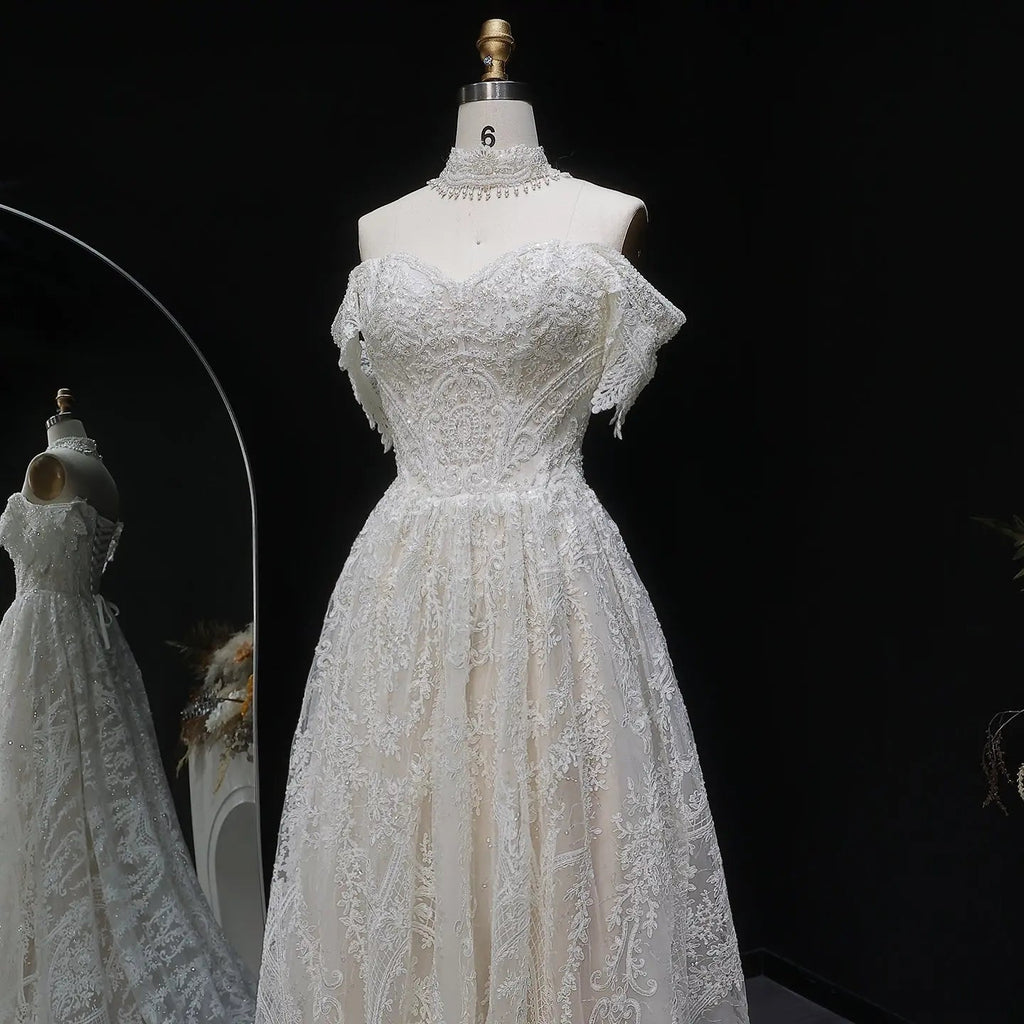Off White Elegant Lace Pearl Embroidery Ball Gown Wedding Dress SW652