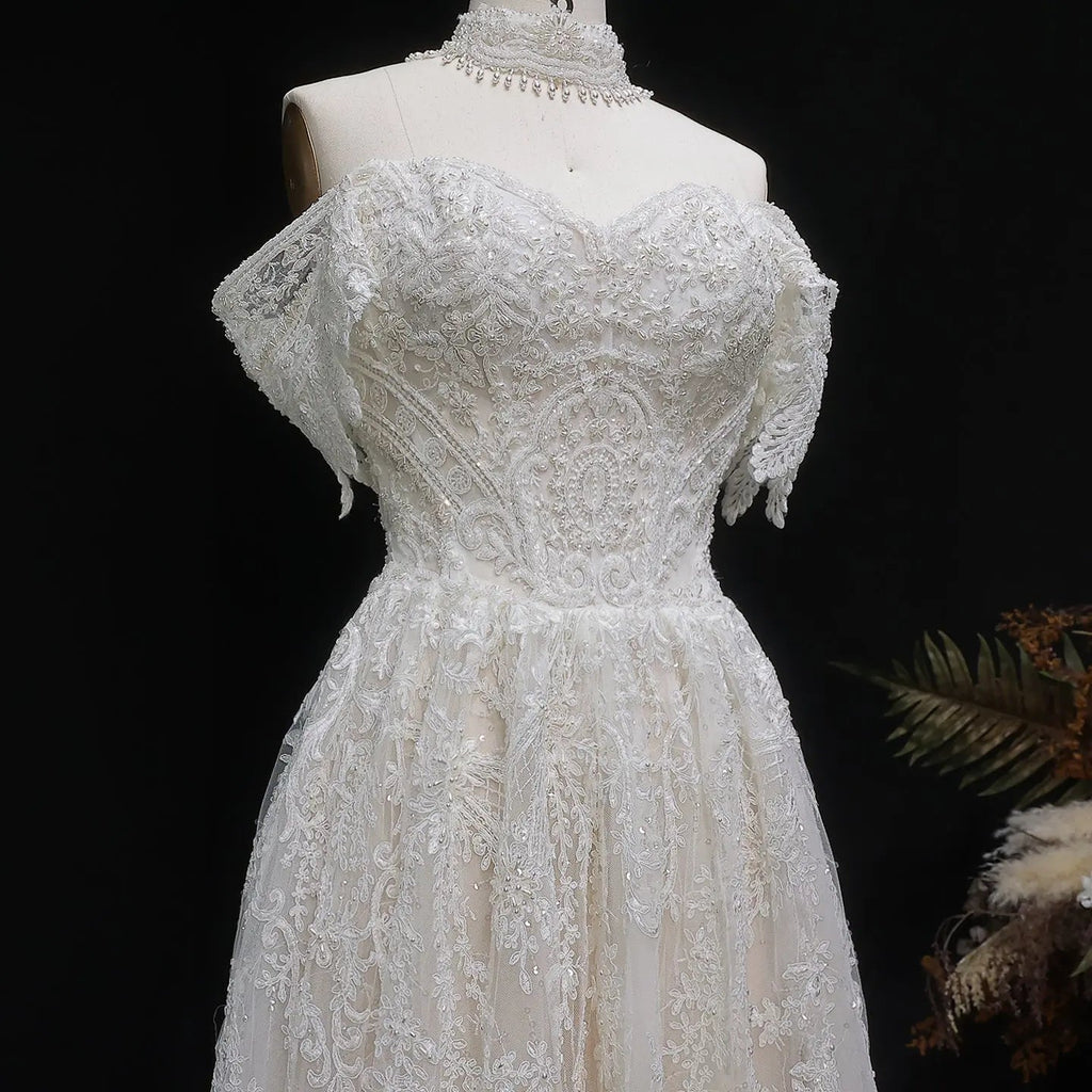 Off White Elegant Lace Pearl Embroidery Ball Gown Wedding Dress SW652