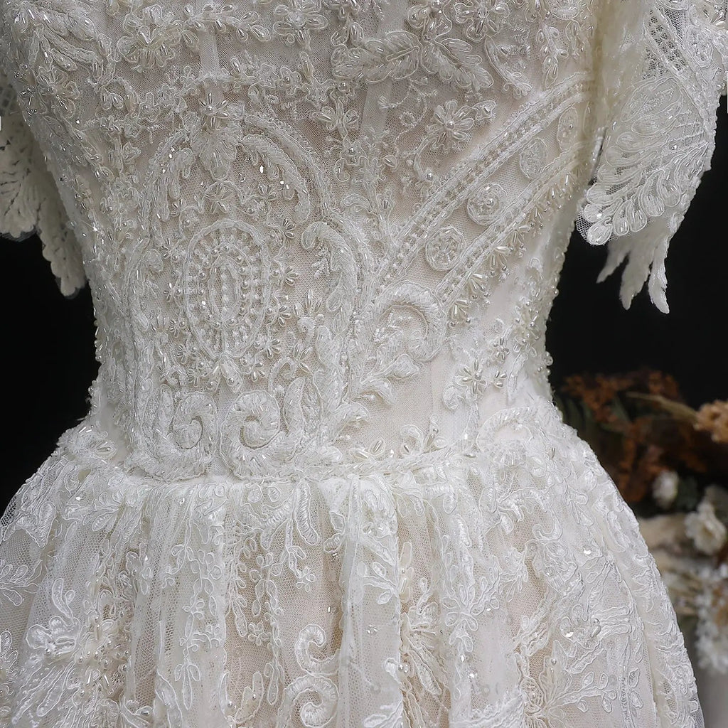 Off White Elegant Lace Pearl Embroidery Ball Gown Wedding Dress SW652