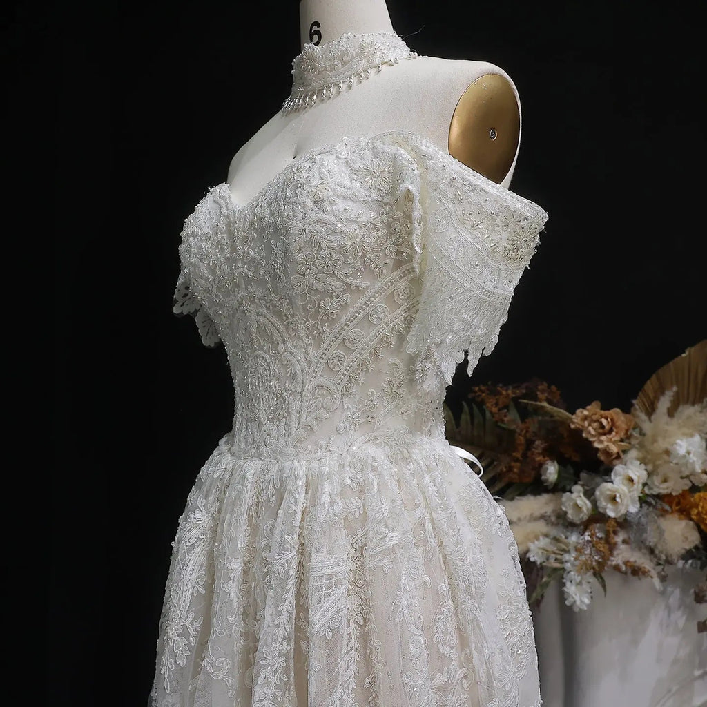 Off White Elegant Lace Pearl Embroidery Ball Gown Wedding Dress SW652