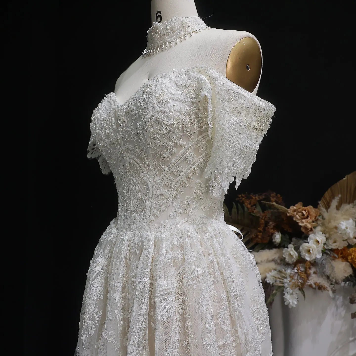 Off White Elegant Lace Pearl Embroidery Ball Gown Wedding Dress SW652