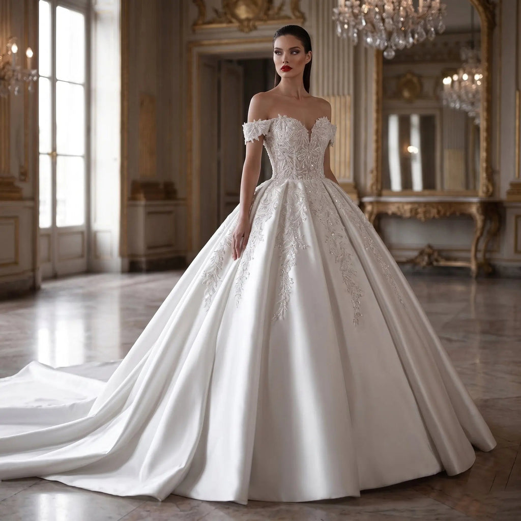 Luxury White Off-the-Shoulder Lace Satin Ball Gown Wedding Dress SW701