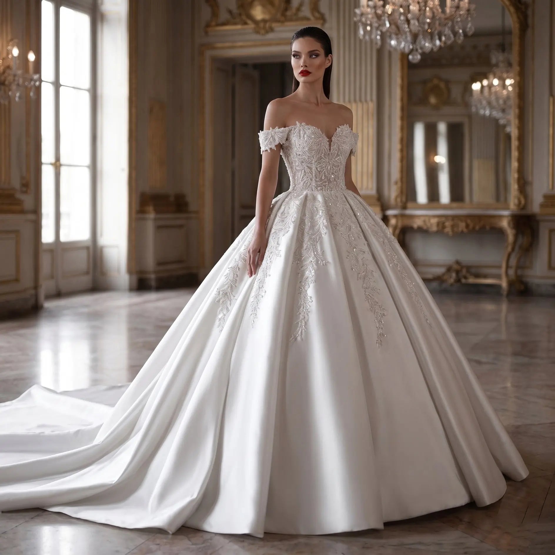 Luxury White Off-the-Shoulder Lace Satin Ball Gown Wedding Dress SW701