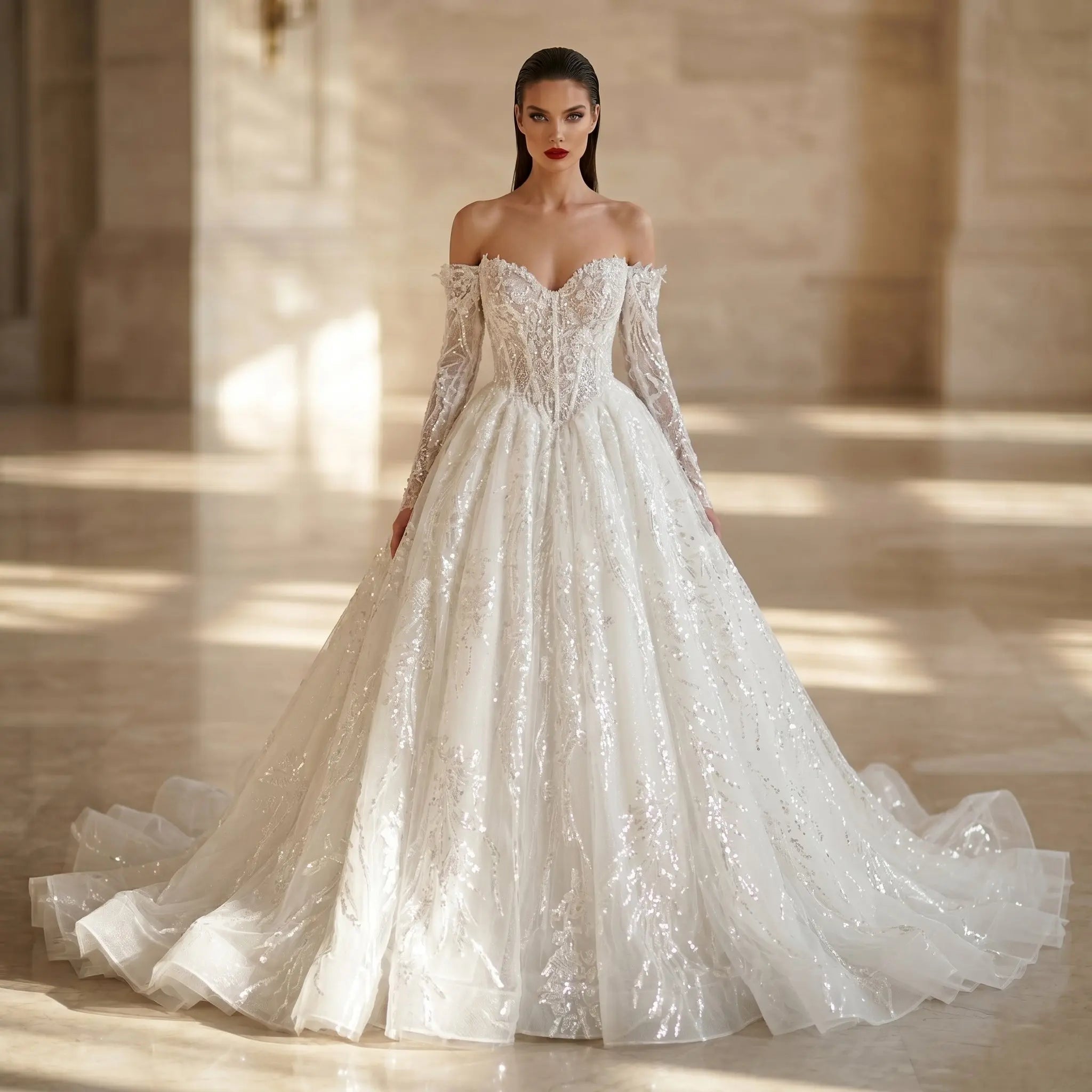 Luxury White Off-the-Shoulder Long Sleeve Lace Tulle Ball Gown Wedding Dress SW702