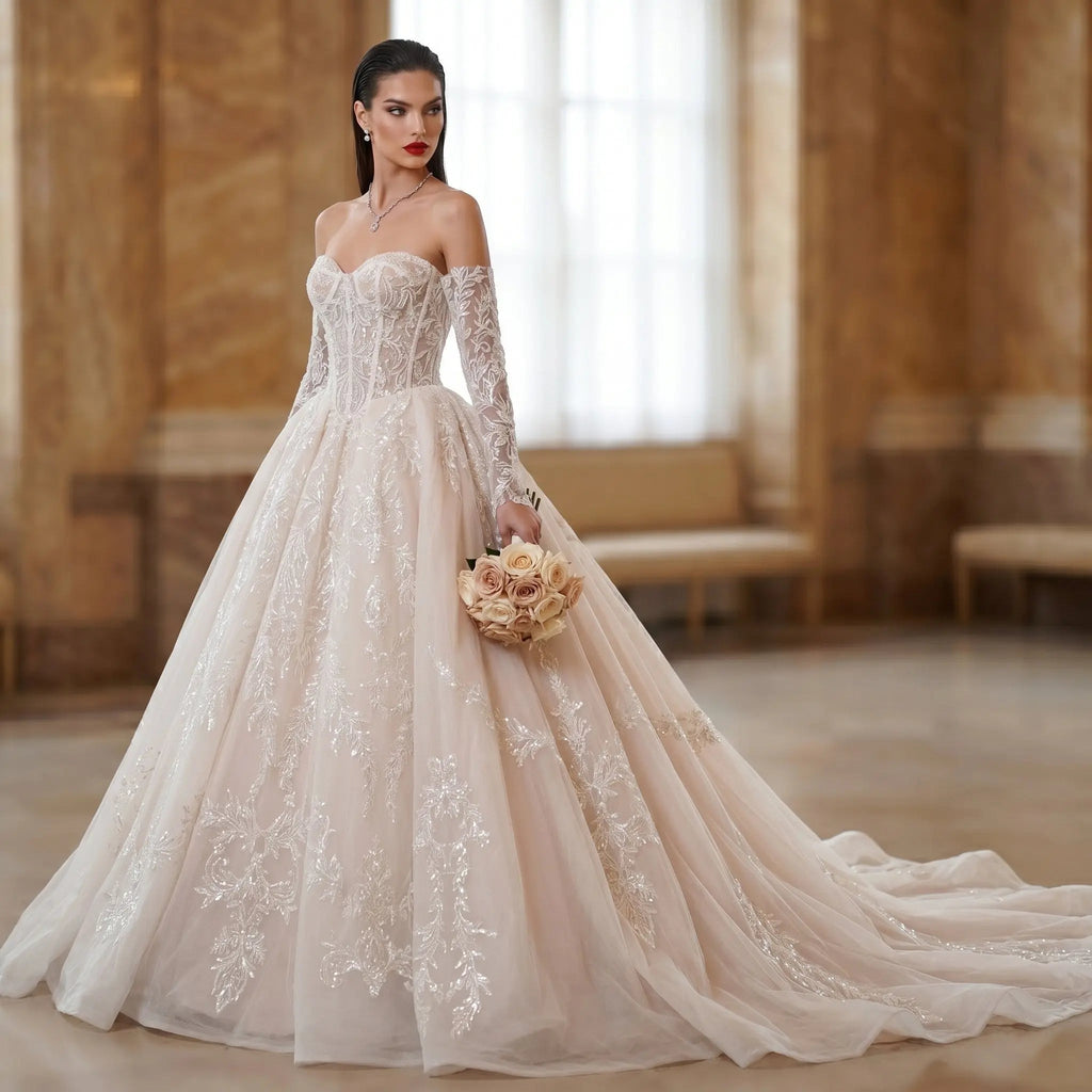 Elegant Ivory Strapless Corset Lace Tulle Bridal Gown Wedding Dress with Long Detachable Sleeves SW703