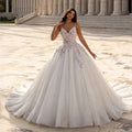 Glamorous White Floral Applique A-Line Tulle Wedding Dress with Train SW704