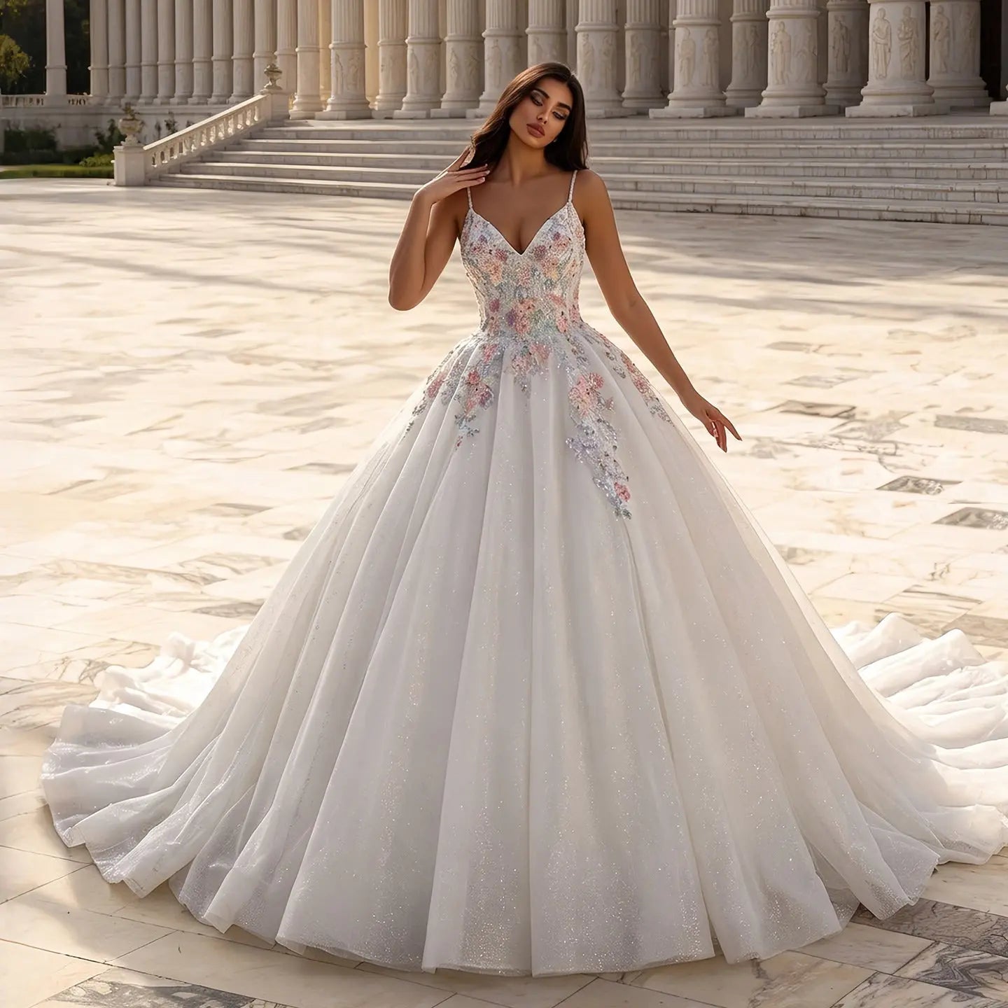 Glamorous White Floral Applique A-Line Tulle Wedding Dress with Train SW704