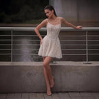 Luxury Ivory Beaded Lace Short Wedding Dress with Lace-Up Corset Back SW707