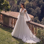 Elegant Ivory V-Neck Detachable Puff Sleeve Lace Tulle Wedding Dress with Train SW708