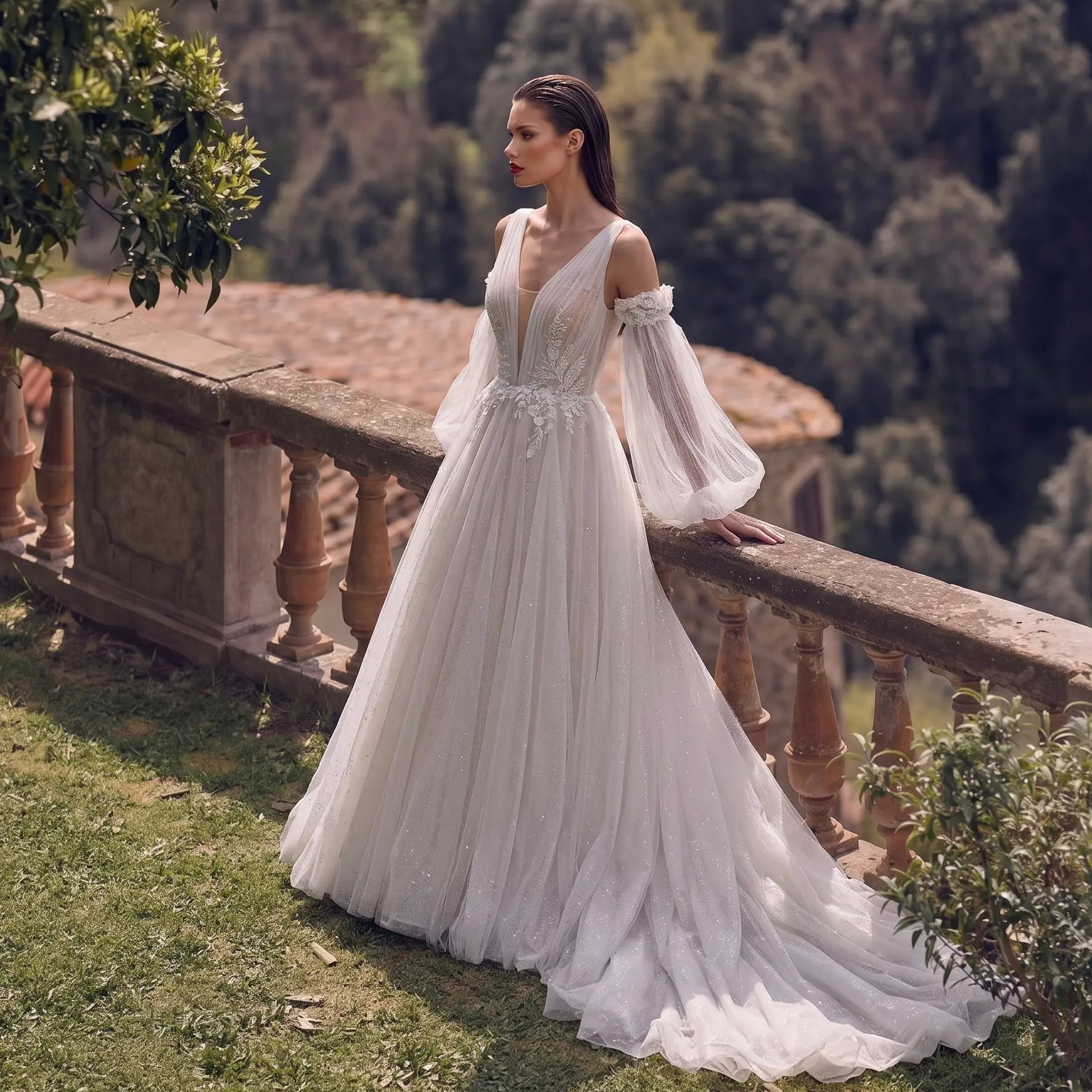 Elegant Ivory V-Neck Detachable Puff Sleeve Lace Tulle Wedding Dress with Train SW708