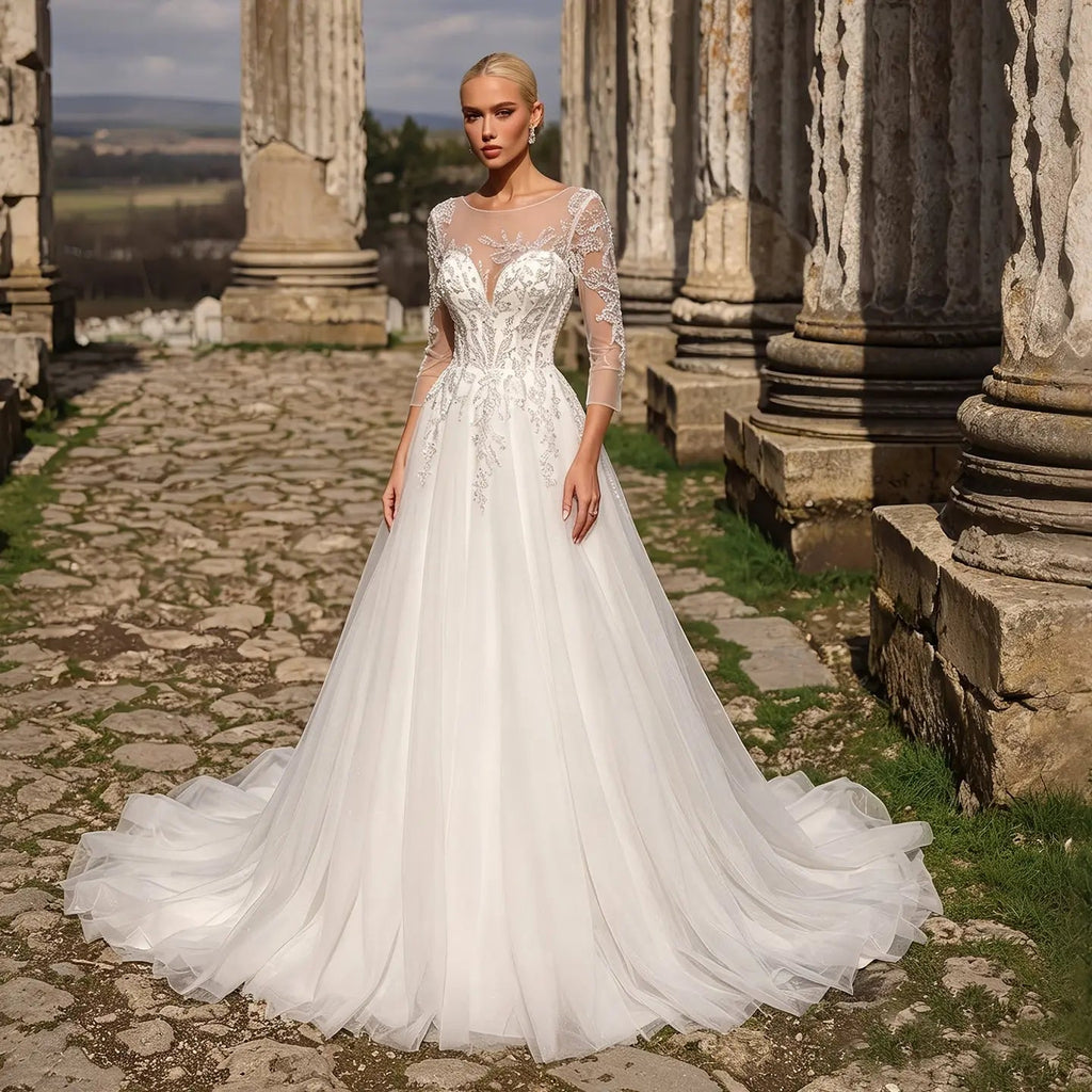 Glamorous White Illusion Neck Lace & Tulle Wedding Dress with Cathedral Train SW709
