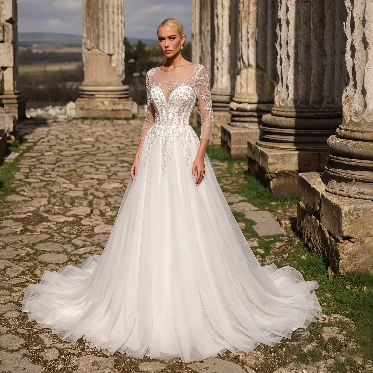 Glamorous White Illusion Neck Lace & Tulle Wedding Dress with Cathedral Train SW709