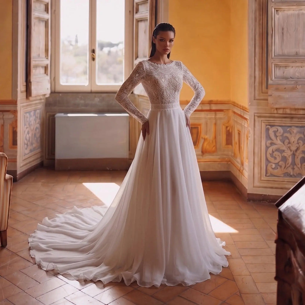 Glamorous White Long Sleeve Lace Wedding Dress with Removable Chiffon Overlay SW714
