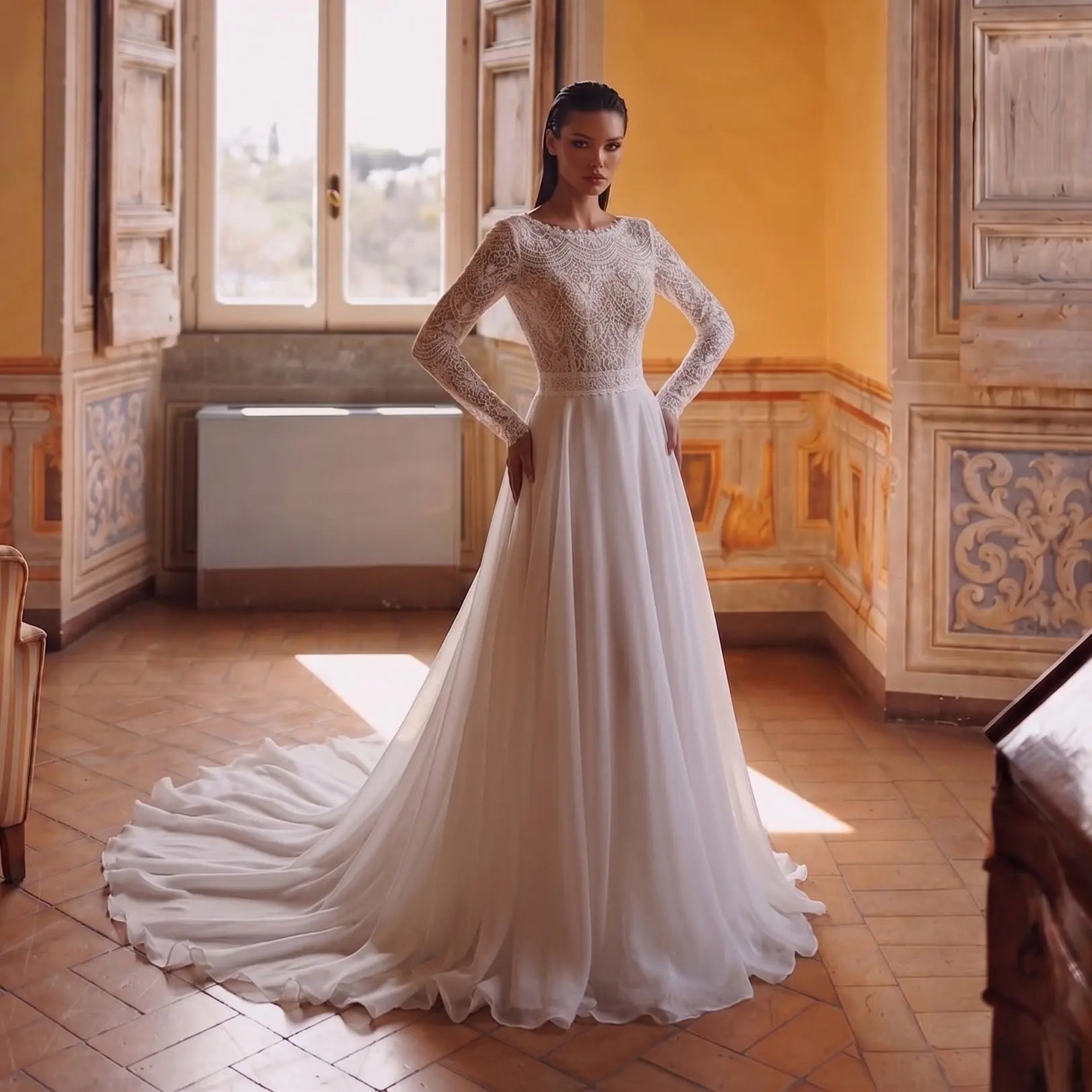 Glamorous White Long Sleeve Lace Wedding Dress with Removable Chiffon Overlay SW714