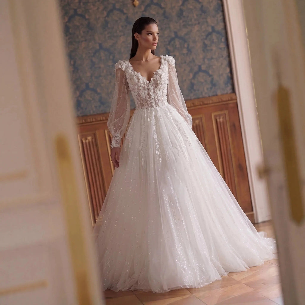 Elegant White V-Neck Long Sleeve Lace-Up Back A-Line Wedding Dress SW716