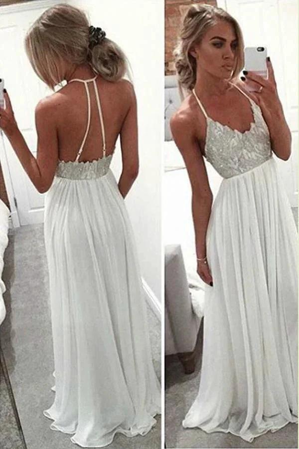 White Halter Floor Length Beach Wedding Dresses Beaded Cheap Prom Dress MP256 by musebridals