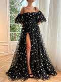 A-Line Tulle Black Long Prom Dress, Black Tulle Formal Evening Dress Y248 by simplepromdress