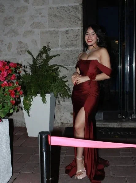 Elegant Burgundy Off The Slit Mermaid Evening Dress Formal Prom Dress Y8414 by simplepromdress