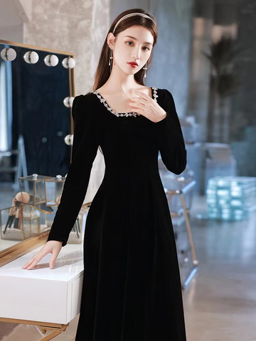 Vestido de noche negro, vestido de noche de manga larga de terciopelo de alta calidad, hecho a medida Y2934