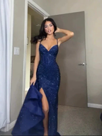 Sparkly Blue Sequins Mermaid Prom Dress Straps Slit Evening Dress Y7825 by simplepromdress