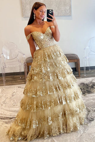 Leona | Schulterfreies Ballkleid im Prinzessinnen-Stil mit Pailletten und Spitze