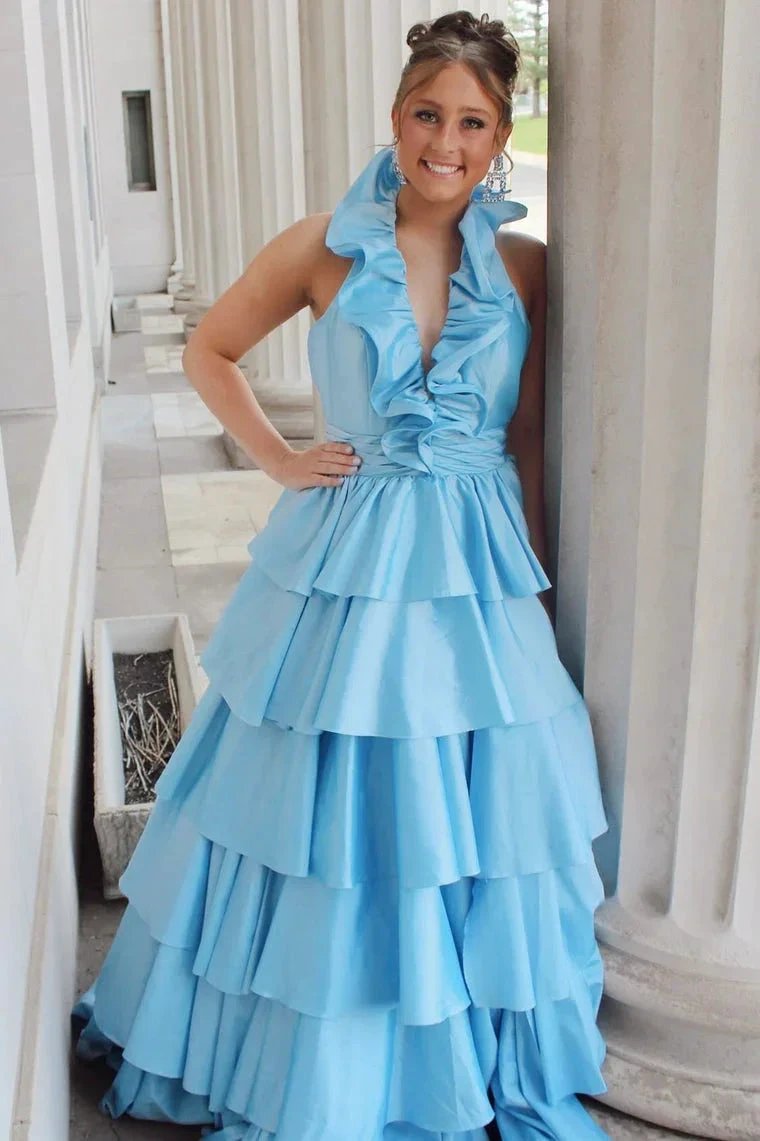 Flora | Halter Red Ruffle Tiered A-Line Prom Dress by KissProm