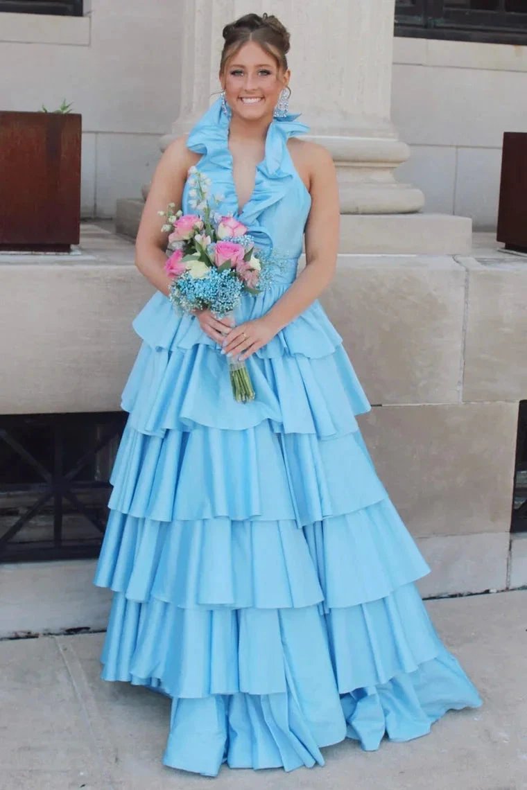 Flora | Halter Red Ruffle Tiered A-Line Prom Dress by KissProm