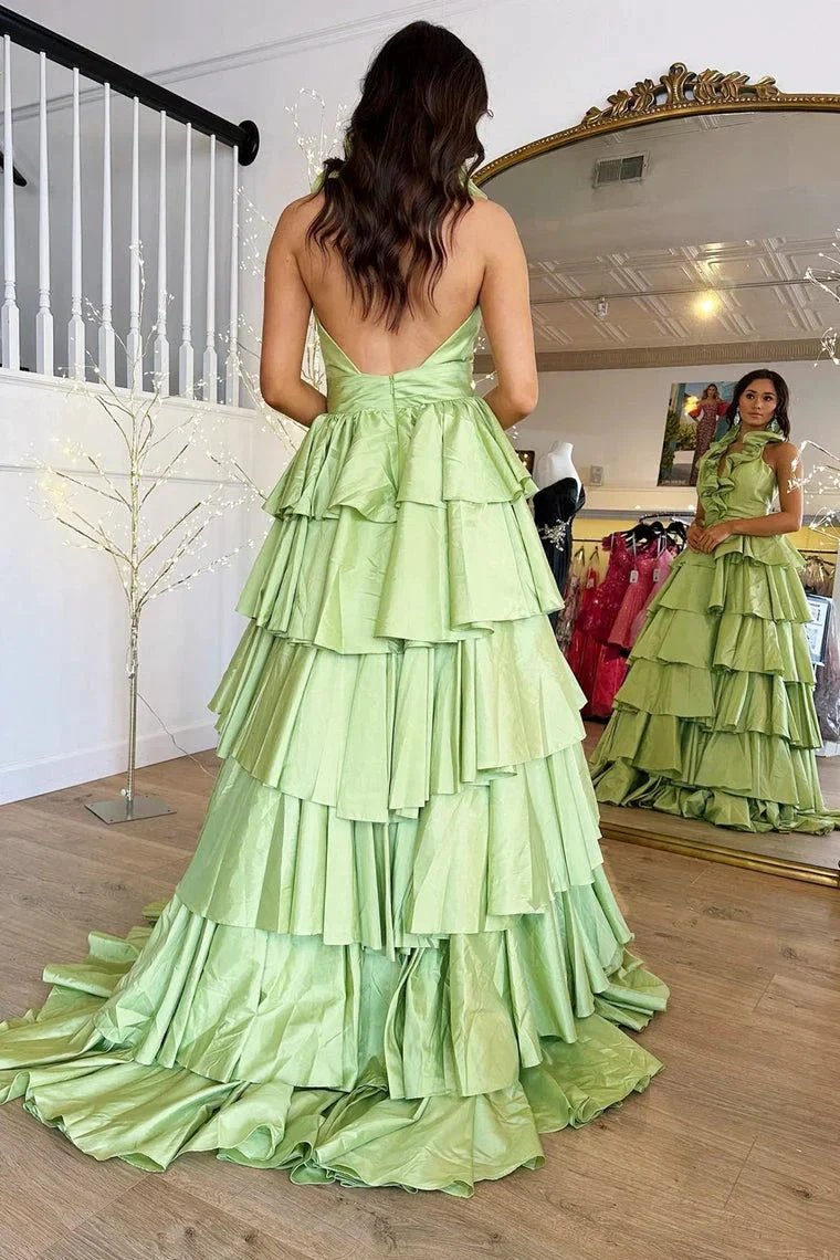 Flora | Halter Red Ruffle Tiered A-Line Prom Dress by KissProm