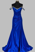 Bellamy | Mermaid V Neck Red Satin Slit Prom Dress with Beading by KissProm
