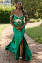 Bellamy | Mermaid V Neck Red Satin Slit Prom Dress with Beading by KissProm
