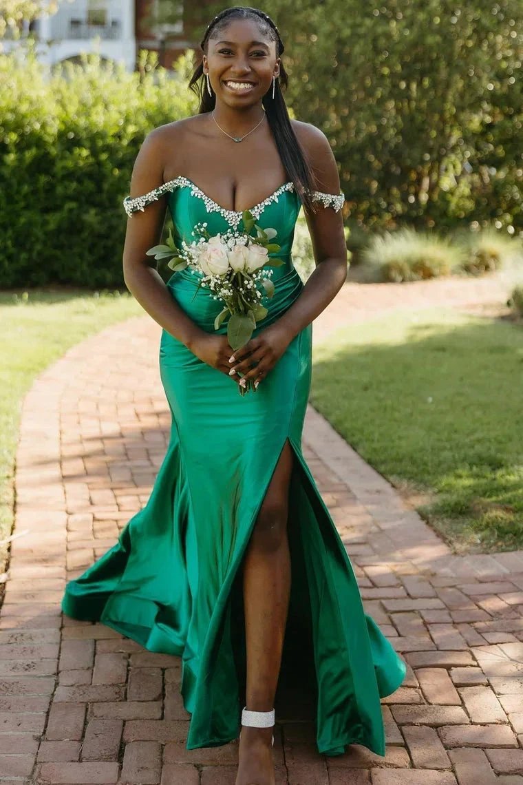 Bellamy | Mermaid V Neck Red Satin Slit Prom Dress with Beading by KissProm