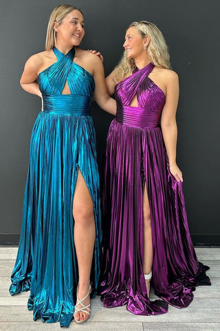 Vestido de fiesta largo azul pavo real con escote halter y corte A con abertura