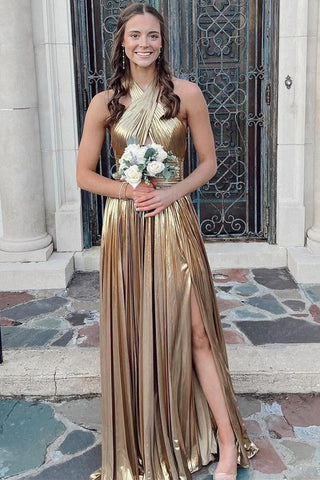 Vestido de fiesta largo azul pavo real con escote halter y corte A con abertura