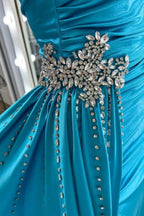 Earl | Teal Beaded Spaghetti Strap Long Gown with Attached Train by KissProm