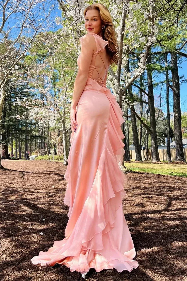 Ailani | Emerald Green Square Neck Ruffle Slit Prom Dress by KissProm