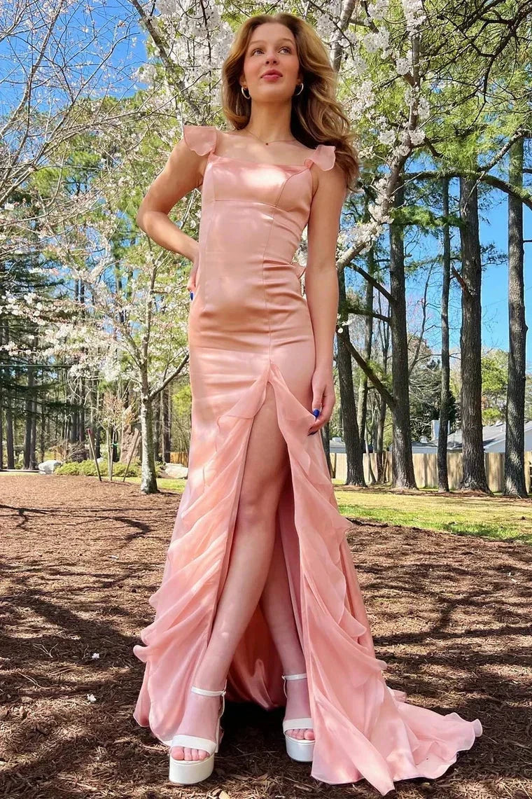 Ailani | Emerald Green Square Neck Ruffle Slit Prom Dress by KissProm