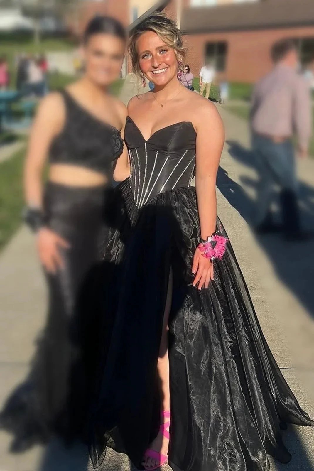 Strapless Beaded Ball Gown with Slit in Hot Pink by KissProm